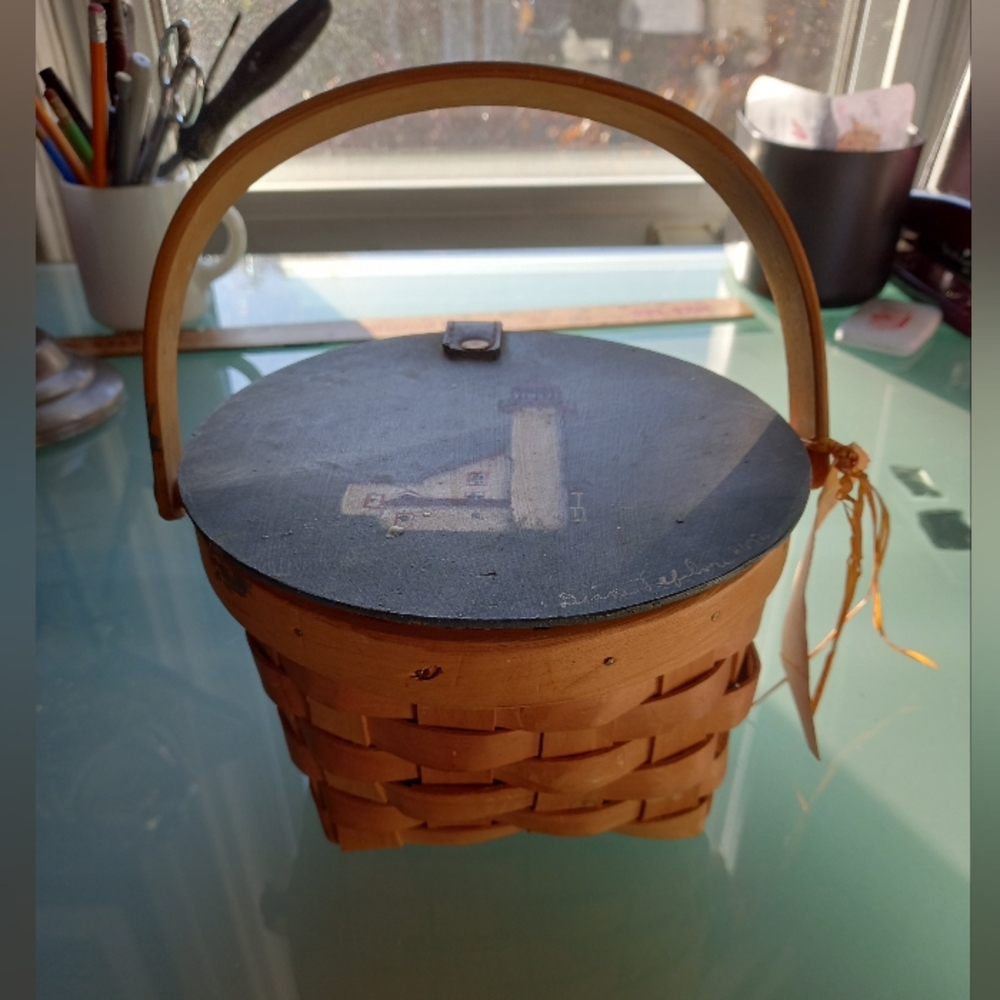 Folk Art Lighthouse, Painted Wood Basket.